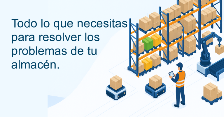 Todo lo que necesitas para resolver los problemas de tu almacén — ilustración de un almacén con robots AGV, brazo robótico y operario