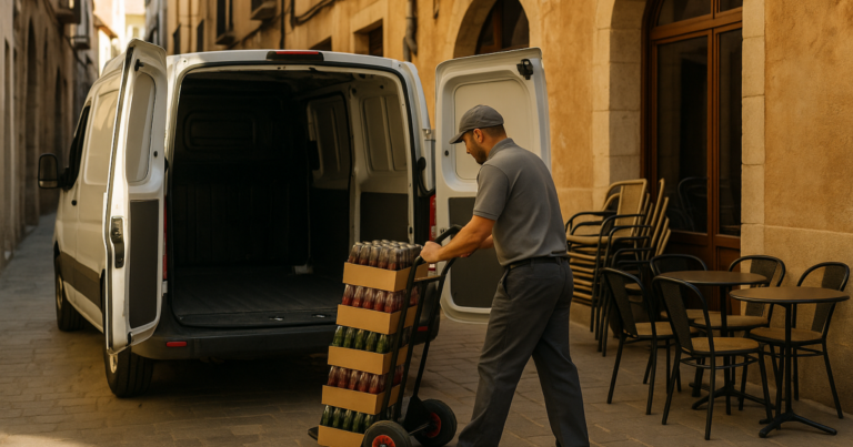 Repartidor descarga cajas de bebidas con una carretilla manual frente a un establecimiento de hostelería en una calle estrecha de casco histórico