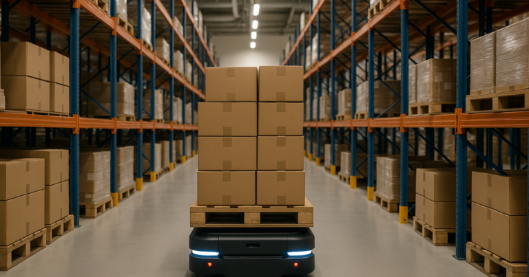 Robot móvil autónomo transportando una paleta por un pasillo de almacén automatizado