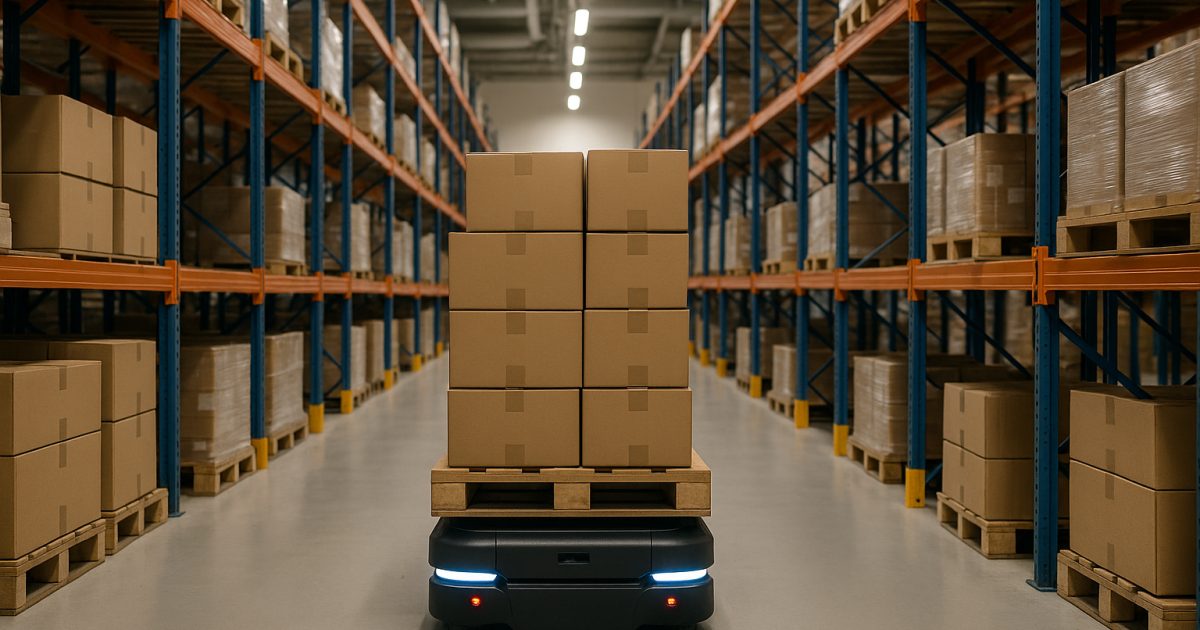 Robot móvil autónomo transportando una paleta por un pasillo de almacén automatizado