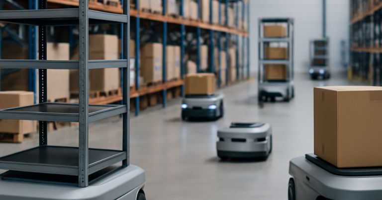 Robots móviles autónomos transportando mercancía entre estanterías en un almacén logístico