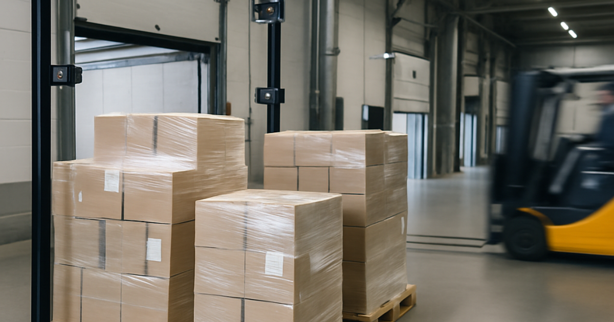 Muelle de recepción de un almacén con torres de cámara para identificación automática de pallets