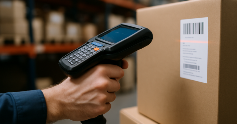 Mano escaneando con un lector de código de barras una caja en un almacén