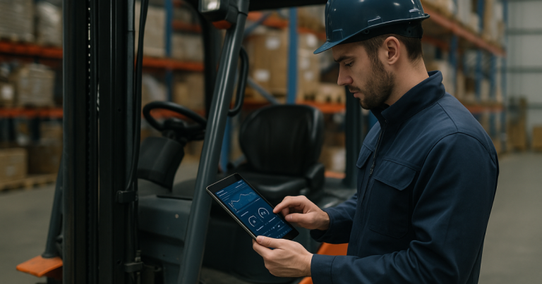 Técnico revisando con una tablet los datos de mantenimiento de una carretilla elevadora en un almacén