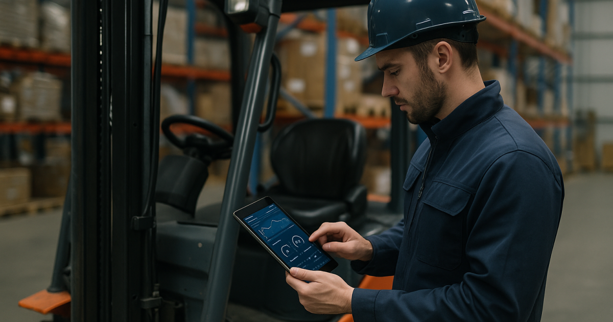 Técnico revisando con una tablet los datos de mantenimiento de una carretilla elevadora en un almacén