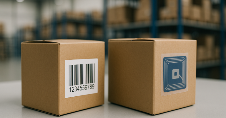 Comparativa entre una etiqueta RFID y una etiqueta de código de barras sobre cajas de almacén
