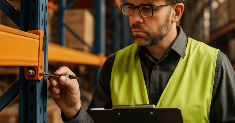 Técnico inspeccionando estanterías industriales en un almacén como parte de un plan de inspección de seguridad